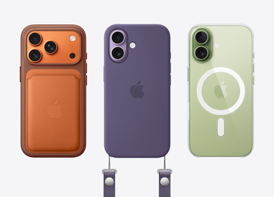 并排摆放的新款 iPhone 机型，展示多款配件，分别是 MagSafe 精织斜纹卡包、斜挎挂绳和 MagSafe 透明保护壳。