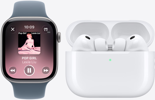 Apple Watch Series 11，展示 Apple Music app 的“播放中”界面；白色 AirPods Pro 3，展示耳塞式耳机、硅胶耳塞、麦克风，MagSafe 充电盒采用圆角设计，盒盖处于打开状态。