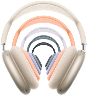 呈隧道形排列的 AirPods Max 包耳式头戴耳机，分别是星光色、橙色、紫色、蓝色、午夜色，展示耳垫、伸缩套杆和头带