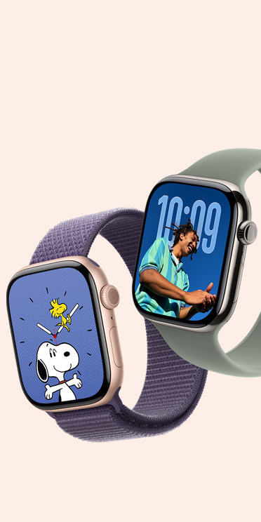 两只 Apple Watch Series 11 设备，展示亮黑色铝金属表壳和玫瑰金色铝金属表壳、史努比表盘和照片表盘，分别搭配灰绿色单圈表带和雾紫色回环式运动表带。