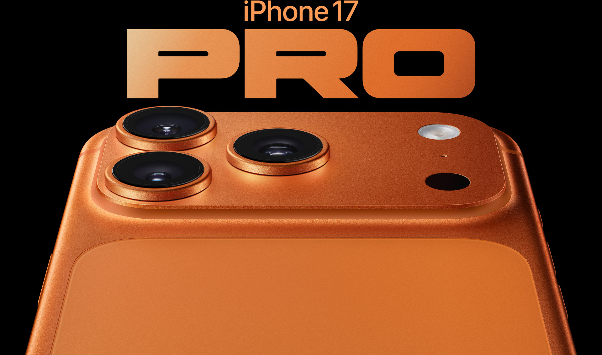 星宇橙色 iPhone 17 Pro 机身背面局部外观，展示 Pro 级拍摄系统，三颗镜头位于左上角，并配有麦克风和闪光灯。