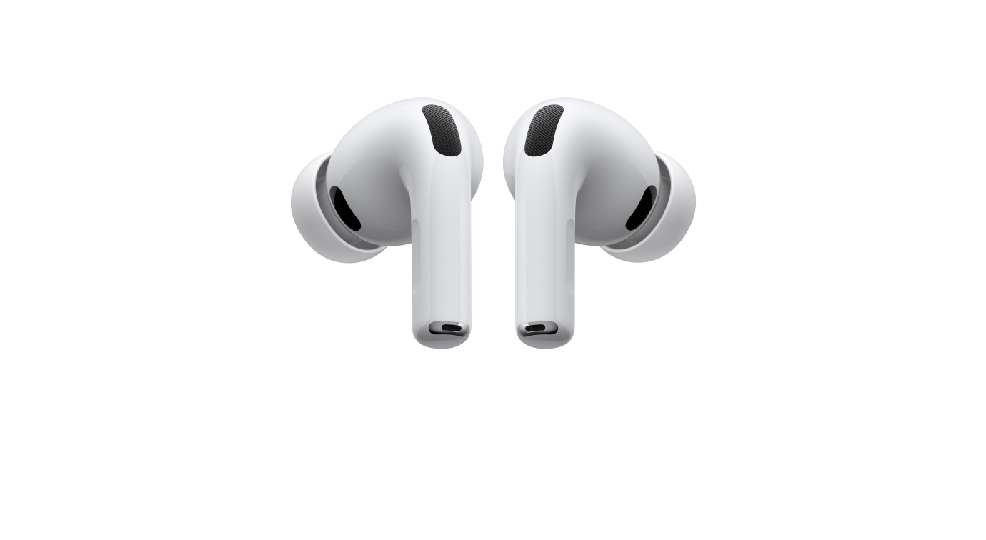 白色 AirPods Pro 3，展示配有硅胶耳塞的左右两只无线耳机