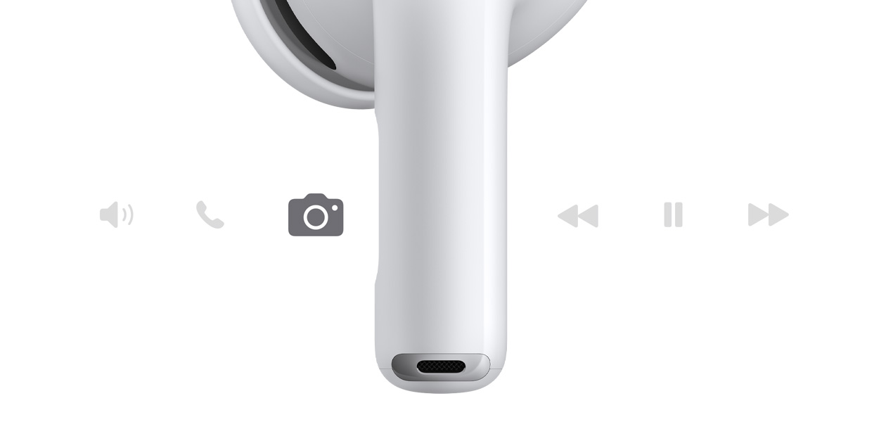 AirPods Pro 3，展示白色无线耳机的短柄