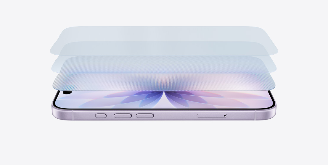 横向放置的薰衣草紫色 iPhone 17 机身侧面，分层设计图展示超瓷晶面板 2。