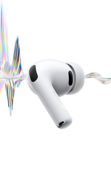 AirPods Pro 3，展示白色耳机上的降噪麦克风、硅胶耳塞和耳机短柄