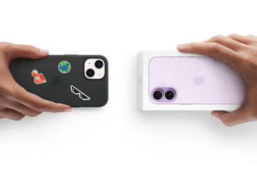 一只手递出安装着硅胶保护壳、背面贴有贴纸的 iPhone 13，对面一只手送上盒装的全新 iPhone 17，寓意折抵换购。