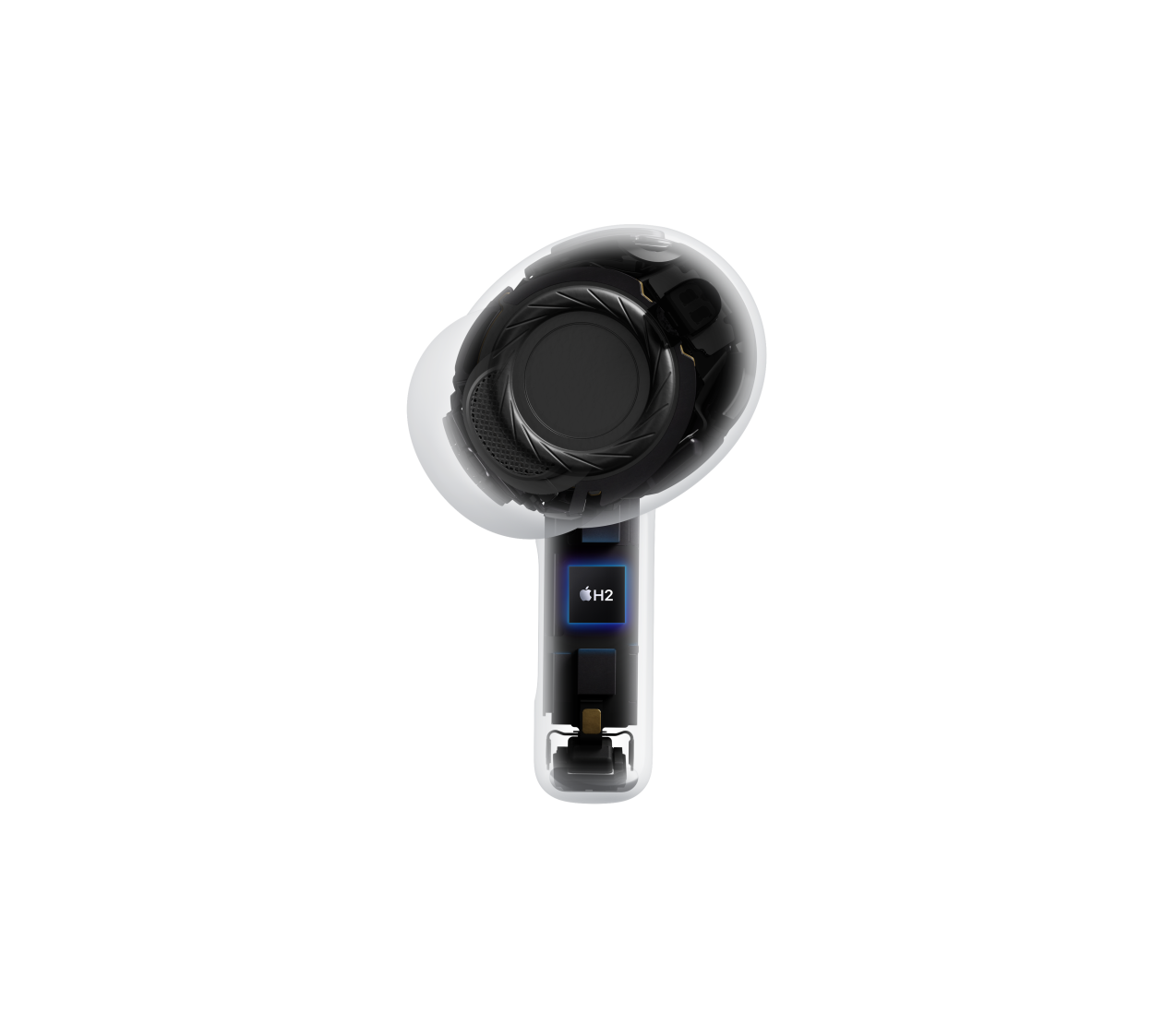 AirPods Pro 3，展示透明色无线耳机的内部构造