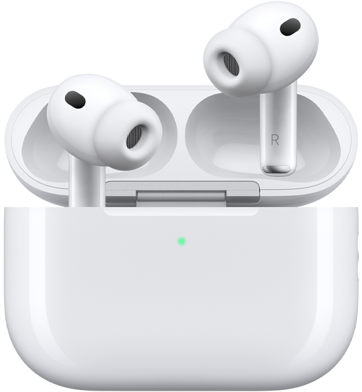AirPods Pro 3 和 MagSafe 充电盒 (USB-C)，充电盒采用圆角外观设计，带有 LED 电量指示灯，盒盖打开，两只白色无线耳机配有硅胶耳塞，耳机柄内侧标有字母 L 和 R