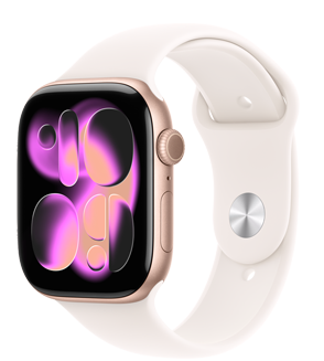 Apple Watch Series 11，展示玫瑰金色铝金属表壳、Responsive Art 表盘、右侧外观、数码表冠、麦克风、侧边按钮，搭配淡桃粉色运动型表带。