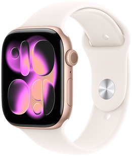 Apple Watch Series 11，展示玫瑰金色铝金属表壳、Responsive Art 表盘、右侧外观、数码表冠、麦克风、侧边按钮，搭配具有银色按扣加收拢式表扣的淡桃粉色运动型表带。
