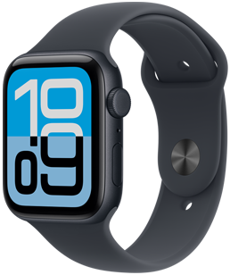 Apple Watch SE 3，展示午夜色铝金属表壳、流转表盘、右侧外观、数码表冠、麦克风、侧边按钮，搭配带有按扣加收拢式表扣的午夜色运动型表带。