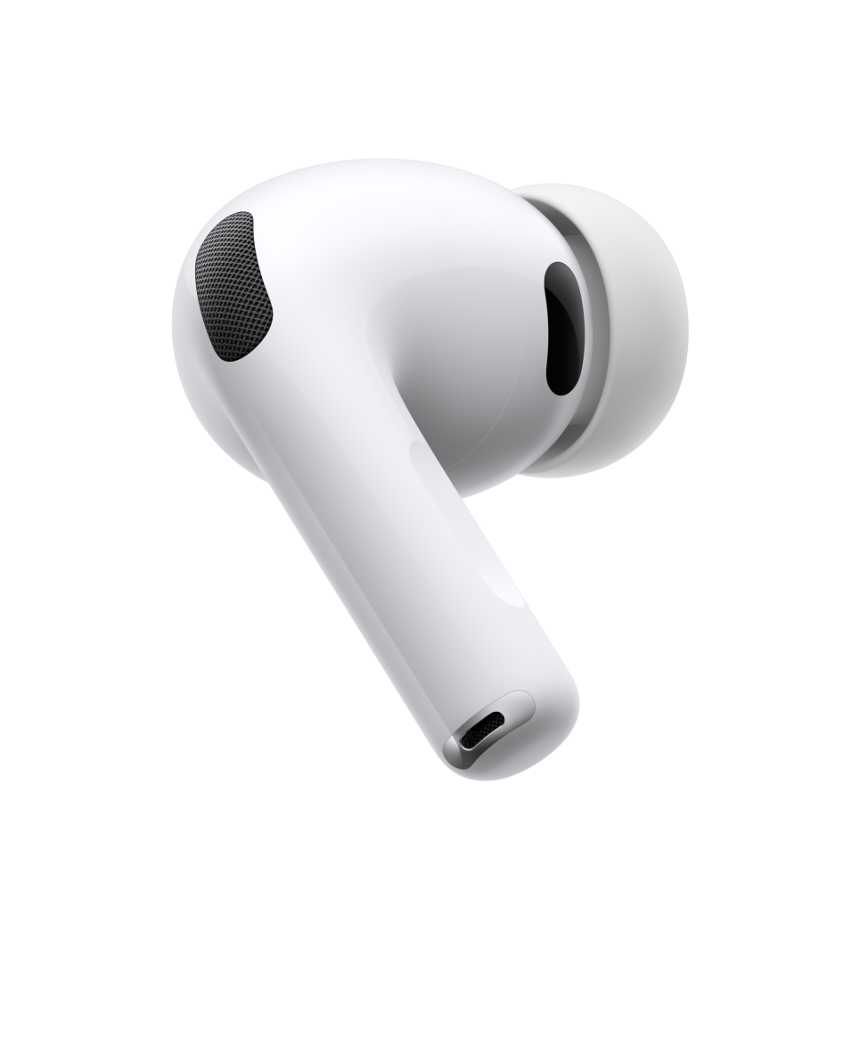 AirPods Pro 3，白色无线耳机的侧面外观展示圆柱形耳机短柄、降噪麦克风、硅胶耳塞及脉动的声波
