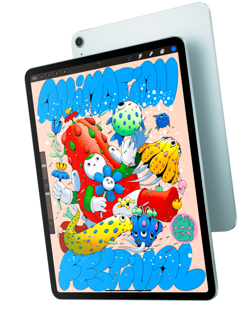 13 英寸 iPad Air 机型的正面外观，屏幕显示 Procreate，与另一部蓝色 iPad Air 的背面外观部分重叠。