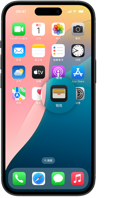 一张 iPhone 配图，主屏幕显示放大效果下的钱包 app 图标