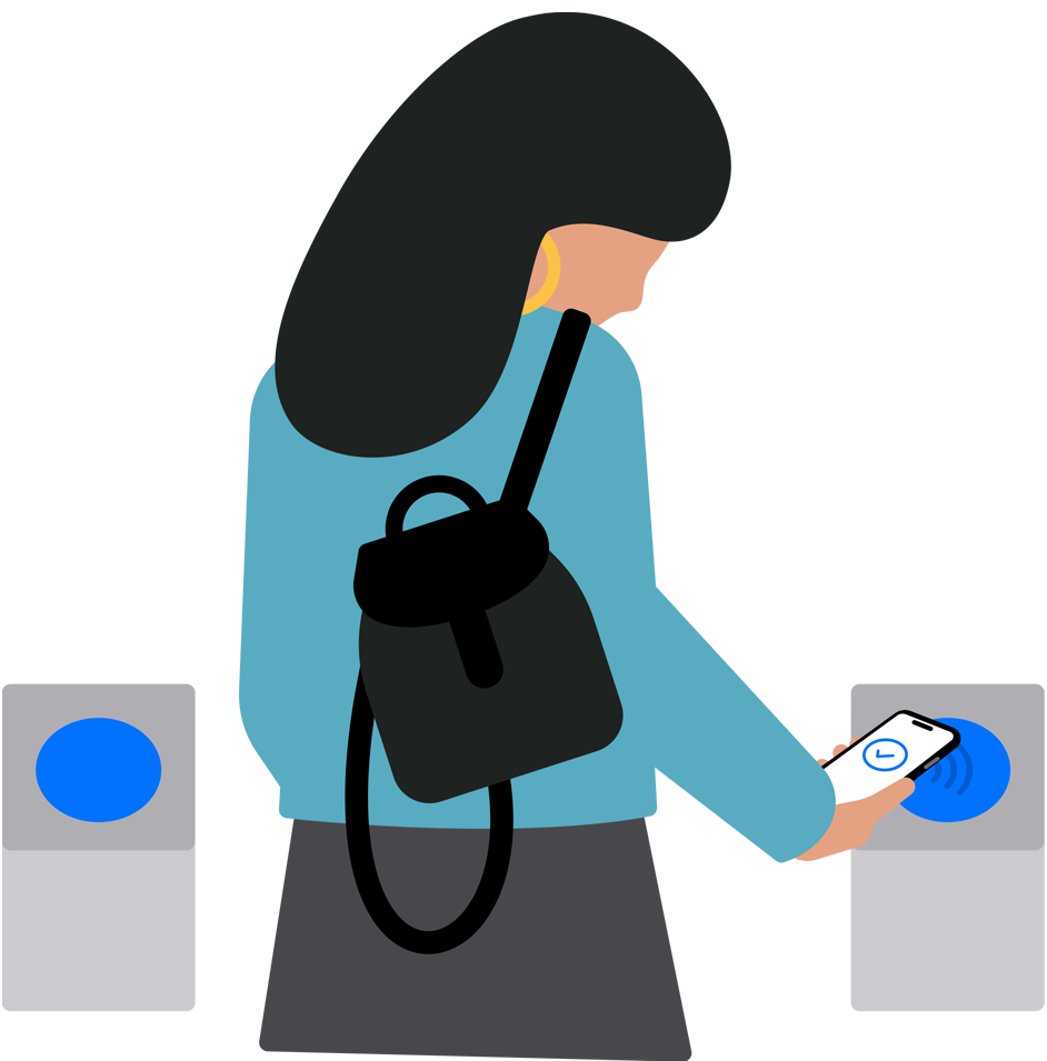 配图展示一位女士背着背包，手中所拿 iPhone 的顶端靠近公交刷卡机终端，iPhone 屏幕显示一个打勾图标，表示支付已完成。