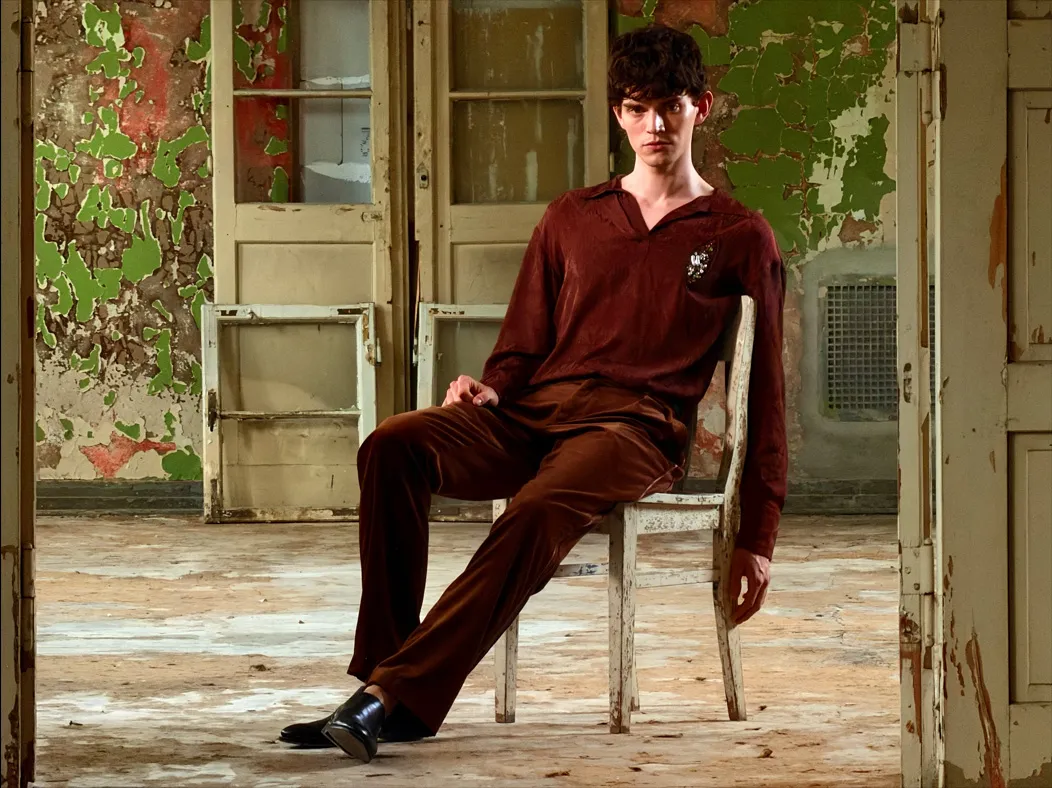 照片 app 展示 Pro 级拍摄系统在不同焦距下的拍摄视角，焦距切换到 200 毫米时，画面中是一位男子坐在废旧房间内的椅子上面向门口。