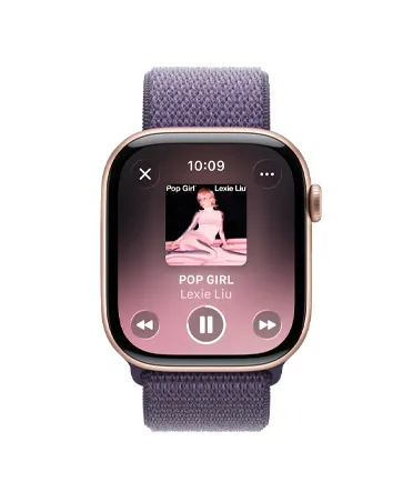 Apple Watch Series 11，展示玫瑰金色铝金属表壳、Apple Music 控制项、健身歌单、右侧外观、数码表冠，搭配雾紫色回环式运动表带。